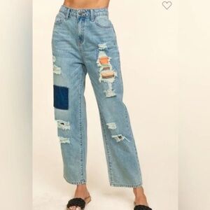 Haptics Ripped Patchwork High Waist Straight Leg Jeans